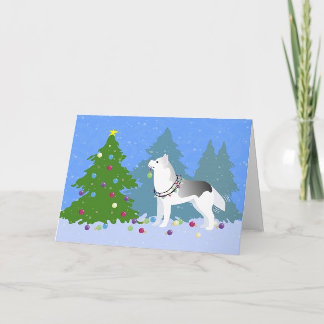 Siberian Husky Decorating Christmas Tree -Forest Holiday Card (Front)