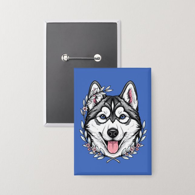 Siberian Husky Dog And Mountain Laurel Blossom Button (Front/Back)