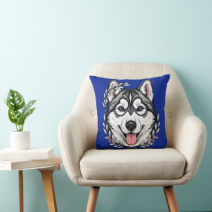 Siberian Husky Dog And Mountain Laurel Blossom Throw Pillow