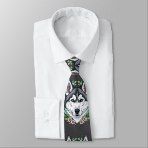 Siberian Husky Dog And Mountain Laurel Flowers  Neck Tie