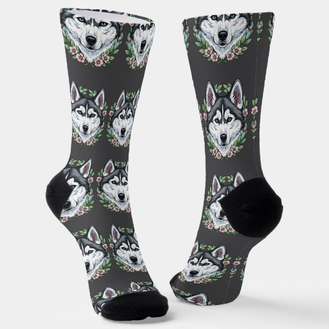 Siberian Husky Dog And Mountain Laurel Flowers  Socks (Angled)