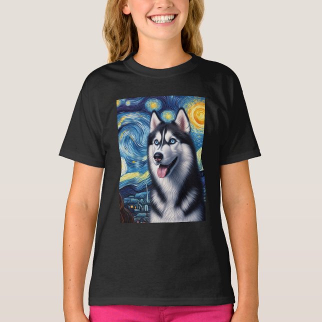 Siberian Husky Dog Art Van Gogh Starry Night Siber T-Shirt (Front)