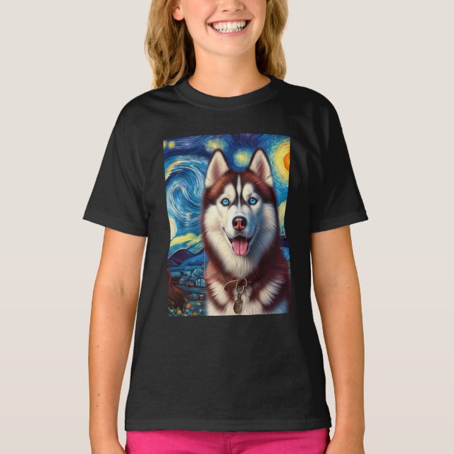 Siberian Husky Dog Art Van Gogh Starry Night Siber T-Shirt (Front)