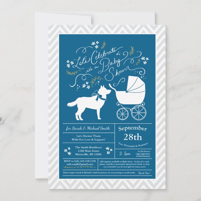 Siberian Husky Dog Baby Shower Blue Boy Invitation (Front)