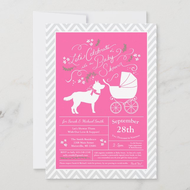 Siberian Husky Dog Baby Shower Pink Girl Invitation (Front)