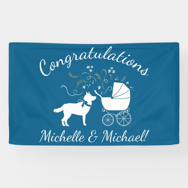Siberian Husky Dog Baby Shower Puppy Blue Boy Banner (Horizontal)