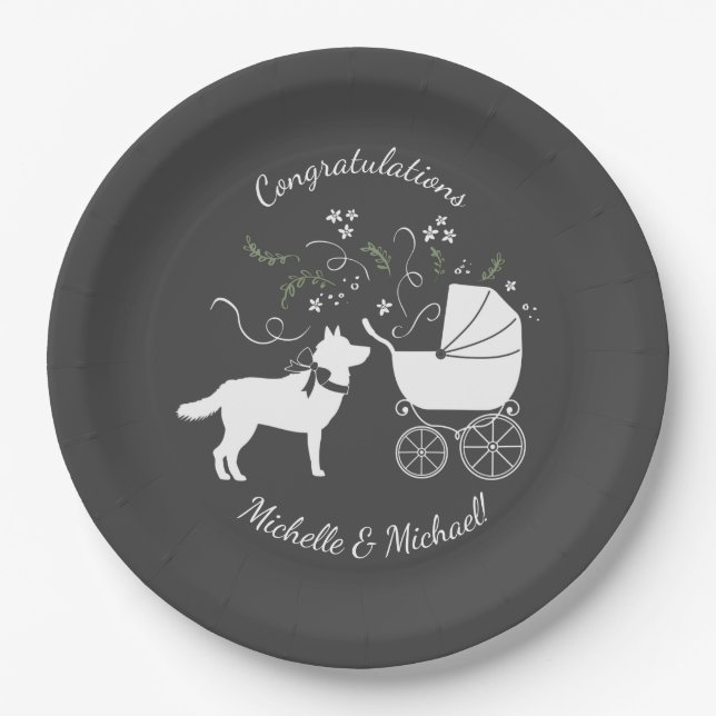 Siberian Husky Dog Baby Shower Puppy Grey Paper Plates (Front)