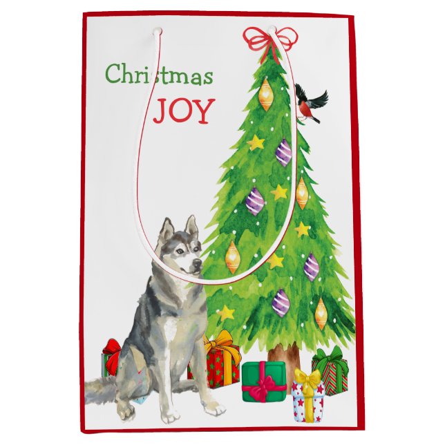 Siberian Husky Dog, Bird, and Christmas Tree Medium Gift Bag (Front)