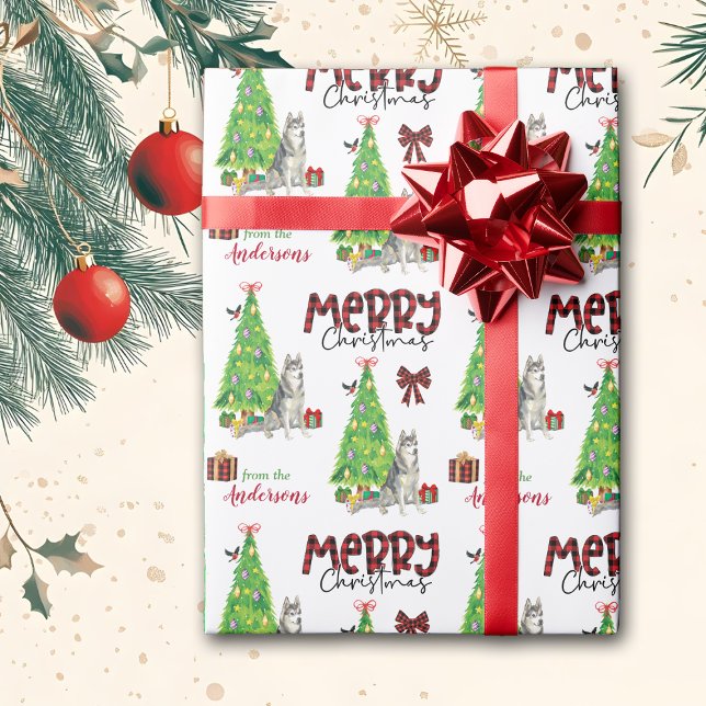 Siberian Husky Dog, Bird, and Christmas Tree Wrapping Paper (Creator Uploaded)