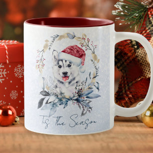 Siberian Husky Dog Blue Gold Wreath Christmas Two-Tone Coffee Mug