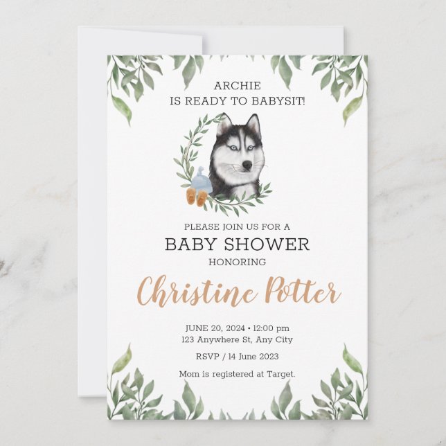 Siberian Husky Dog Boy Boho Greenery Baby Shower Invitation (Front)