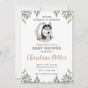 Siberian Husky Dog Boy Boho Greenery Baby Shower Invitation