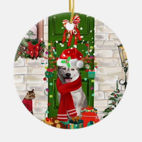 Siberian Husky Dog Christmas  Ceramic Ornament