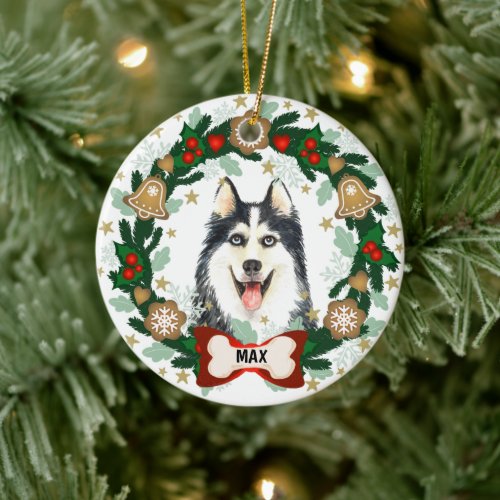 Siberian Husky Dog Christmas Cookie Wreath Ceramic Ornament