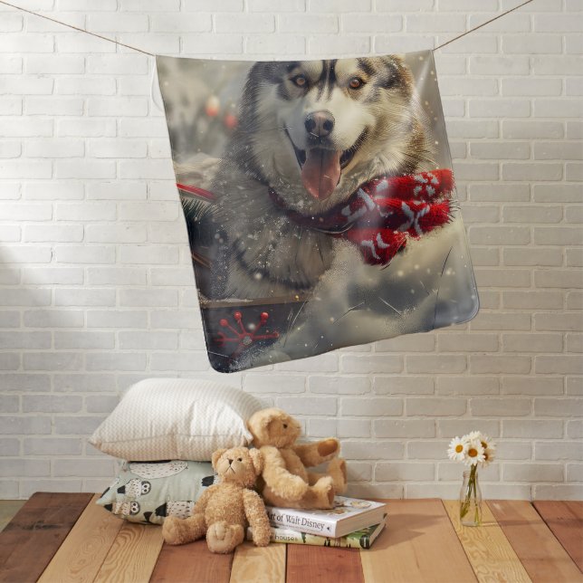 Siberian Husky Dog Christmas Festive Baby Blanket (In Situ)