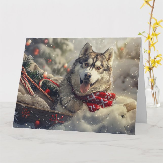 Siberian Husky Dog Christmas Festive Card (Yellow Flower)