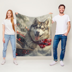 Siberian Husky Dog Christmas Festive Fleece Blanket