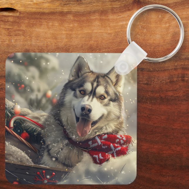 Siberian Husky Dog Christmas Festive Keychain (Back)