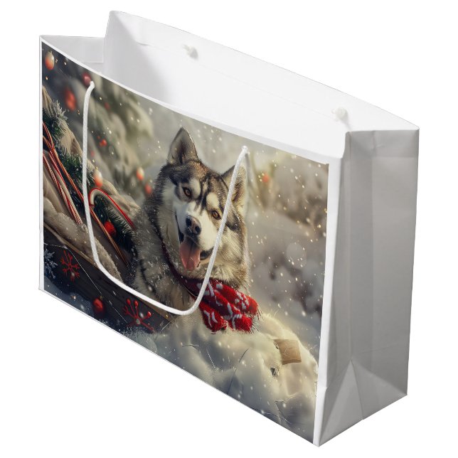 Siberian Husky Dog Christmas Festive Large Gift Bag (Front Angled)