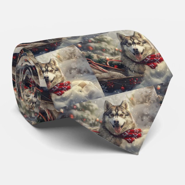 Siberian Husky Dog Christmas Festive Neck Tie (Rolled)
