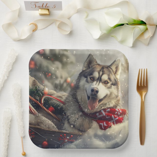 Siberian Husky Dog Christmas Festive Paper Plates (Wedding)