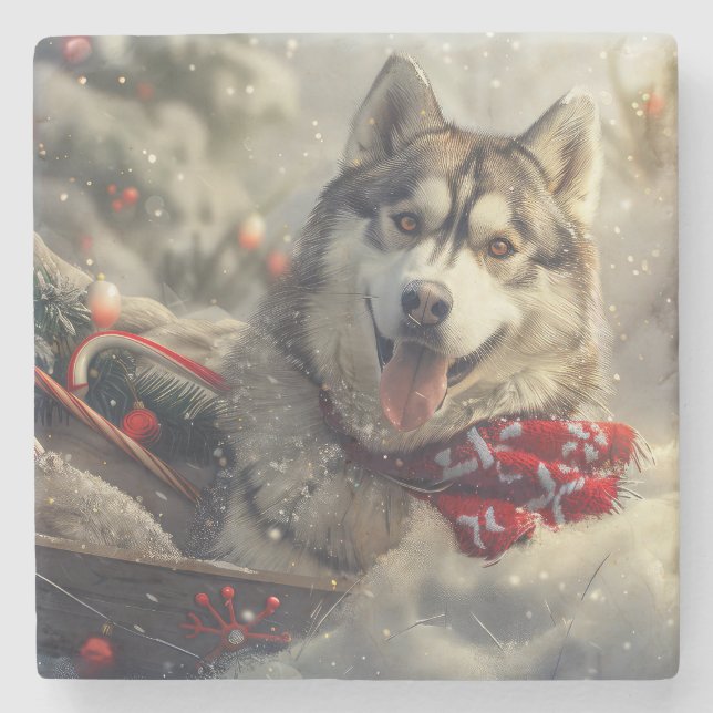 Siberian Husky Dog Christmas Festive Stone Coaster (Front)