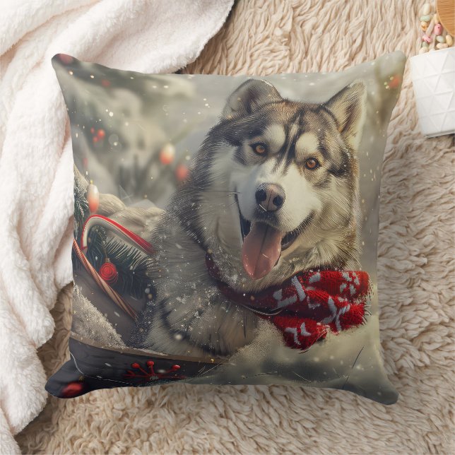 Siberian Husky Dog Christmas Festive Throw Pillow (Blanket)