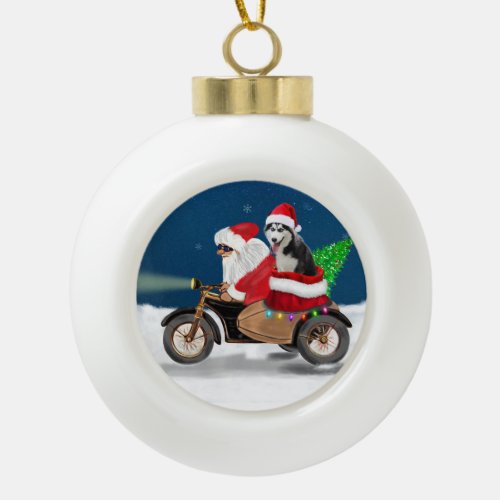 Siberian Husky Dog Christmas Santa Claus   Ceramic Ball Christmas Ornament