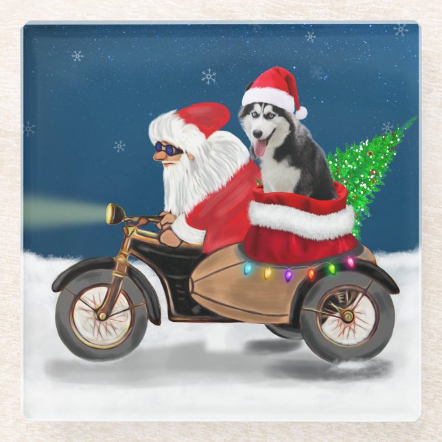 Siberian Husky Dog Christmas Santa Claus   Glass Coaster (Front)
