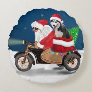 Siberian Husky Dog Christmas Santa Claus   Round Pillow