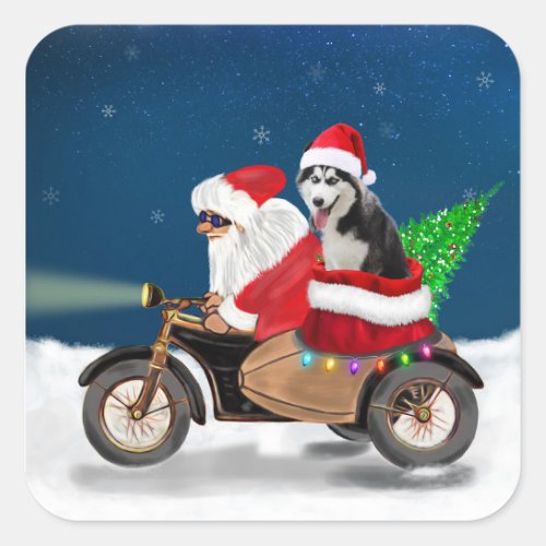 Siberian Husky Dog Christmas Santa Claus   Square Sticker