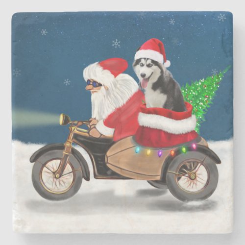 Siberian Husky Dog Christmas Santa Claus Stone Coaster