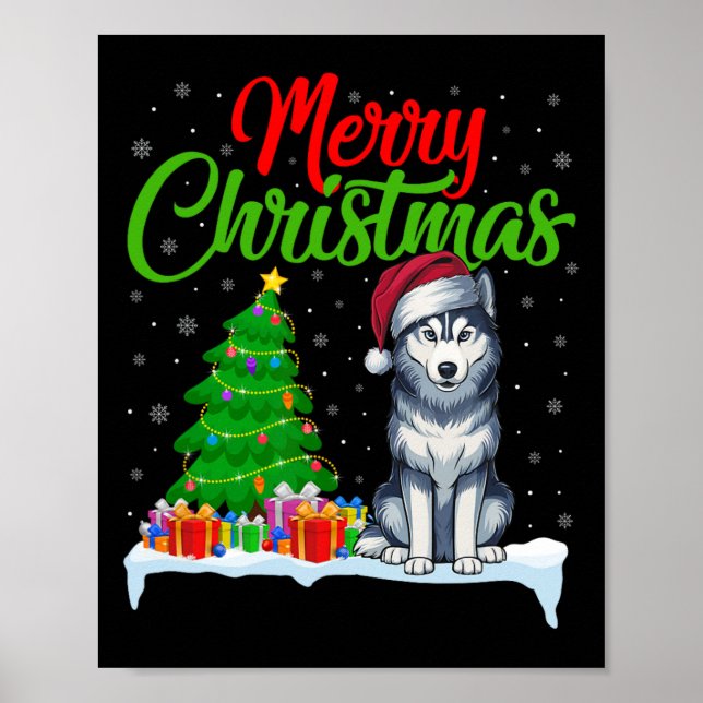 Siberian Husky Dog Christmas Tree Light Funny Xmas Poster (Front)