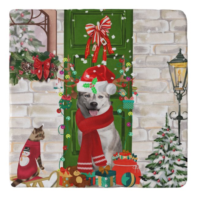 Siberian Husky Dog Christmas  Trivet (Front)