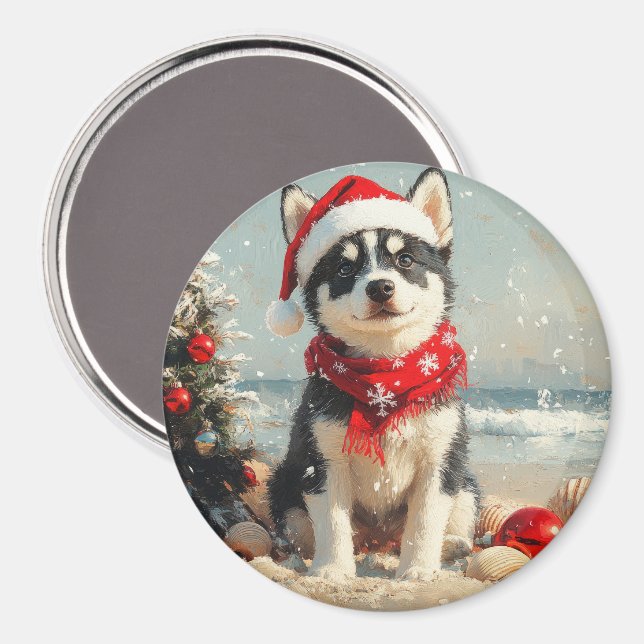 Siberian Husky Dog Christmas Vintage Beach Magnet (Front/Back)