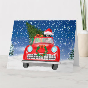 Siberian Husky Dog Driving Car In Snow Christmas Card