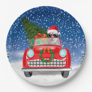 Siberian Husky Dog Driving Car In Snow Christmas Paper Plates
