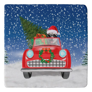Siberian Husky Dog Driving Car In Snow Christmas Trivet