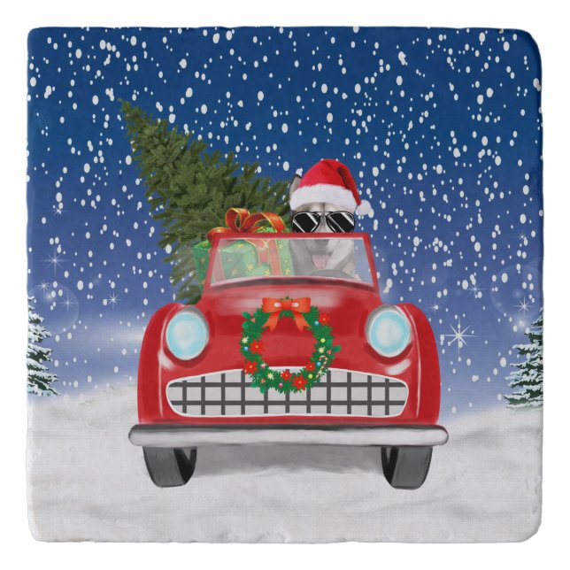 Siberian Husky Dog Driving Car In Snow Christmas  Trivet (Front)