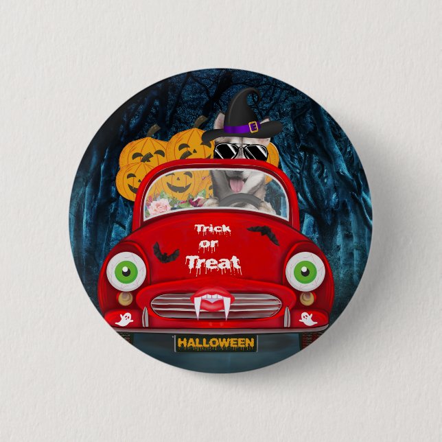 Siberian Husky Dog Driving Car Scary Halloween  Button (Front)