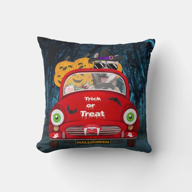 Siberian Husky Dog Driving Car Scary Halloween Throw Pillow (Front)