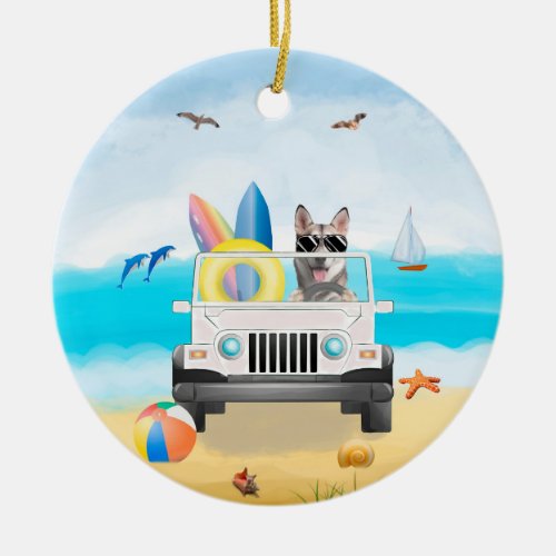 siberian husky dog Driving on Beach  Ceramic Ornament