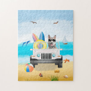 siberian husky dog Driving on Beach Jigsaw Puzzle
