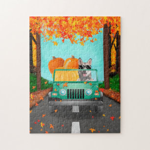 Siberian Husky Dog Fall Pumpkin Jigsaw Puzzle