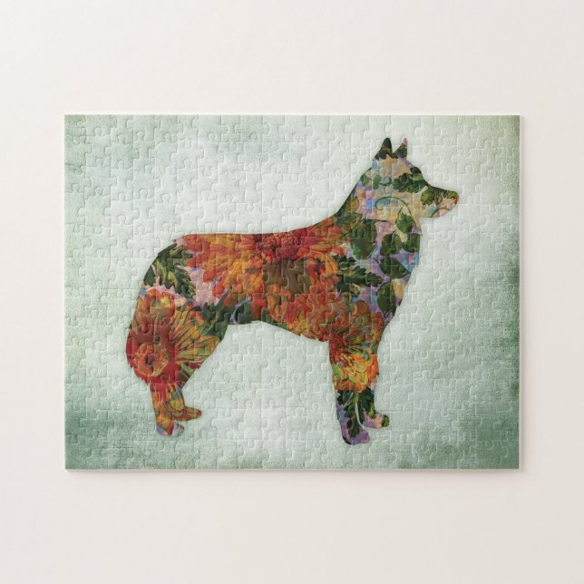 Siberian Husky Dog Floral On Green Jigsaw Puzzle (Horizontal)