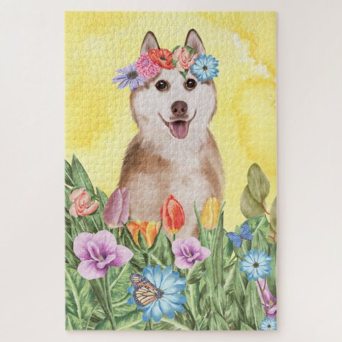 Siberian Husky Dog Flowers Jigsaw Puzzle