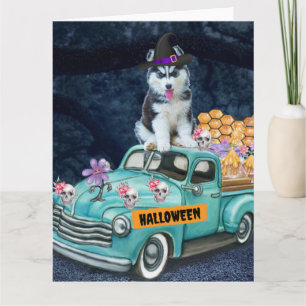Siberian Husky Dog Halloween Truck Scary Night Card