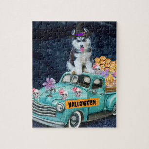 Siberian Husky Dog Halloween Truck Scary Night Jigsaw Puzzle