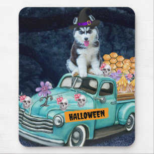 Siberian Husky Dog Halloween Truck Scary Night Mouse Pad