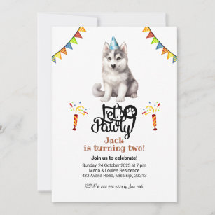Siberian Husky Dog Hat Let's Pawty Birthday Invitation